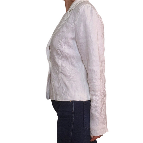 Vintage Women's Blazer White Embroidered Collared 100% Linen BOHO Western Floral - Picture 3 of 14